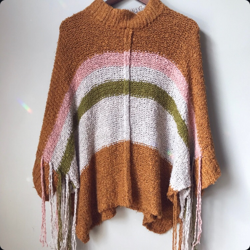 Anthropologie By Together Fringe Desert Poncho Sweater